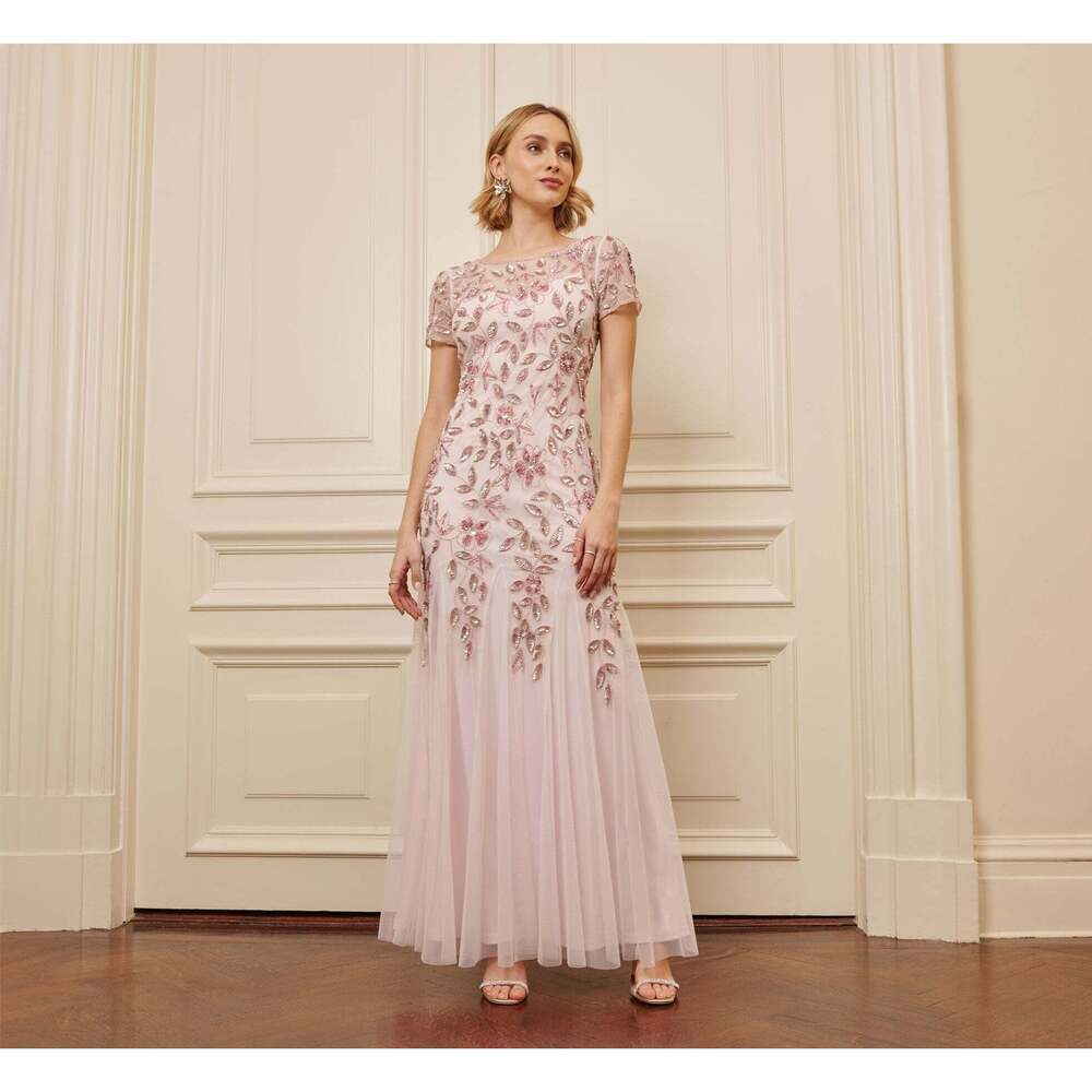 Adrianna Papell Hand Beaded Short Sleeve Floral Godet Gown In Blush Pink Size 4B